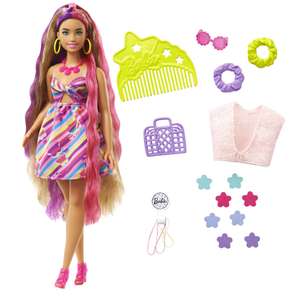 Barbie Totally Hair Pelo extralargo Flor Muñeca Morena Curvy con Vestido y Accesorios de Flores para el Pelo