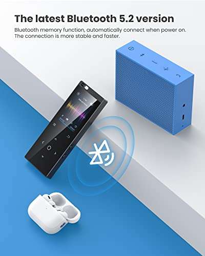 Reproductor MP3 de 64 GB, Reproductor de Música con Bluetooth 5.2, Radio FM, Altavoz HD Integrado, Grabadora de Voz, Sonido HiFi