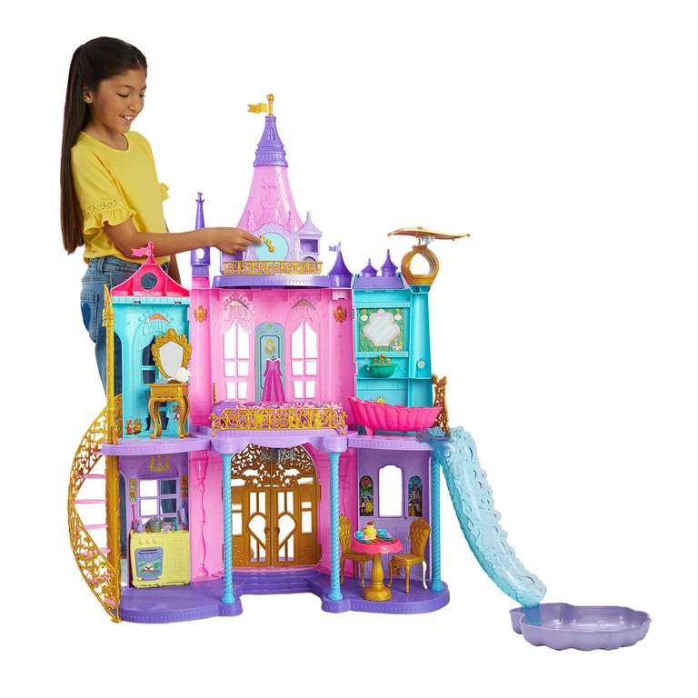 Mattel Disney Princess Castillo aventuras reales Casa de muñecas con dos pisos, muebles y accesorios, con luces y sonidos, juguete +3 años