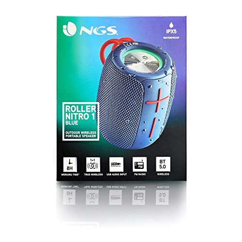 NGS Roller Nitro 1 Blue - Altavoz Portátil Compatible con Tecnología Bluetooth y True Wireless, Luces RGB, Impermeabilidad IPX5