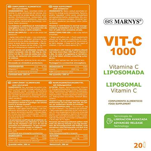 Vitamina C 1000 mg bebible, VIT-C 1000, Sabor naranja, Mejora el Sistema Inmune, Apto para veganos, 20 viales