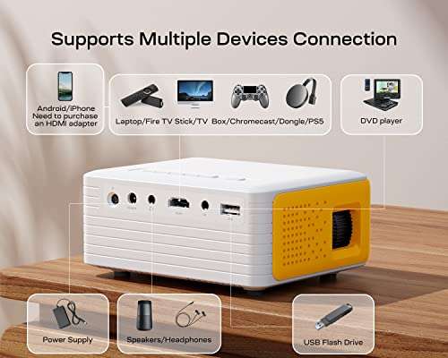 Mini Proyector Portátil HD, Compatible con Móviles, Teléfonos, PC, PS4, PS5 y Xbox, Entradas USB/HDMI/SD/AV