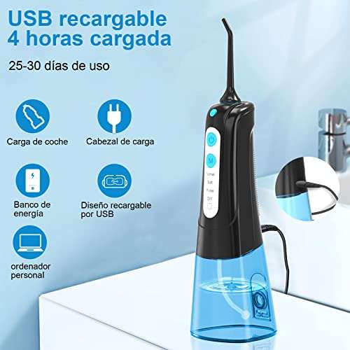 Irrigador Dental portatil con 5 Boquillas 4 Modos 300ML, IPX7 Impermeable USB Recargable