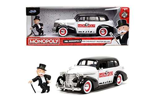 Jada- Coche 1939 Chevy Master de Mr Monopoly, Escala 1:24, Hecho en Metal, Incluye Figura de Mr. Monopoly, Puertas, Capó y Maletero se Abren