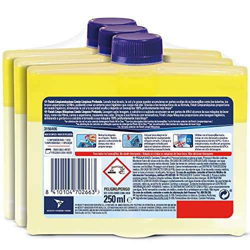 6 botellas de 250ml. de Finish Limpiamáquinas limón, Limpieza higiénica para el lavavajillas contra el mal olor, la cal y la grasa