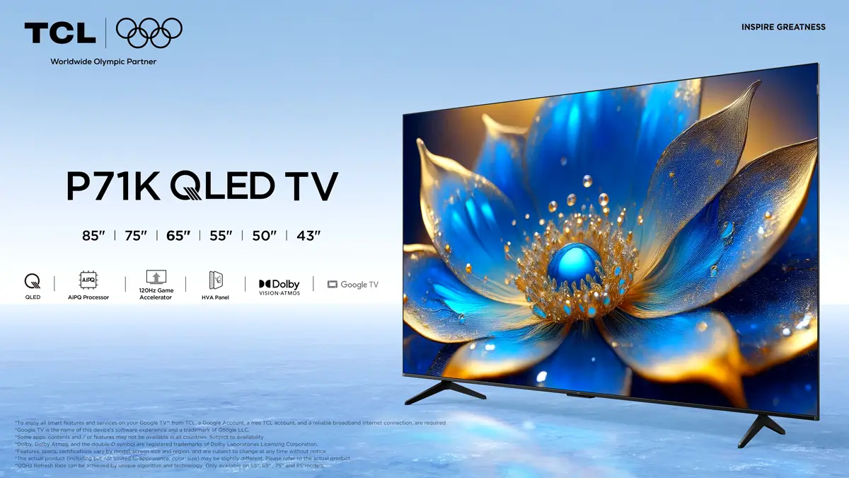 Smart TV QLED 65" (165,1 cm) TCL 65P71K, 4K UHD, 60 Hz, Procesador AiPQ Pro, Dolby AC4 Dolby TrueHD, Dolby Atmos DTS Virtual-X, Google TV