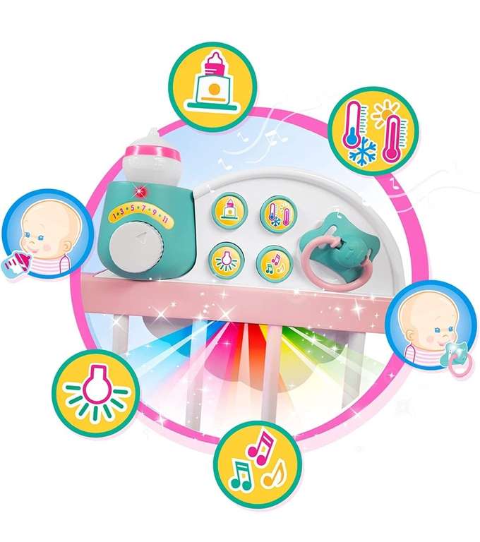 Nenuco - La cuna que te ayuda, cunita interactiva con luces y sonidos,muñeco de cuerpo blandito y accesorios como biberón y chupete