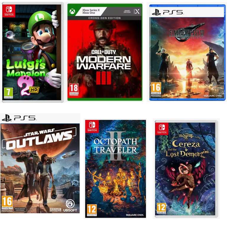 Suicide Squad Kill JL, COD 3 MW XBOX, Luigi Mansion 2, Final Fantasy Pixel Remaster Switch, Star Wars Outlaws PS5, Octopath Traveler Switch