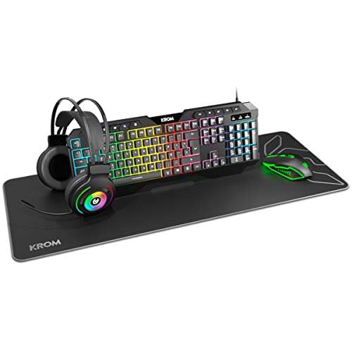 KROM Pack Gaming KARRIER - RGB Rainbow LED, Teclado Membrana, Raton Optico 3600 dpi, Auriculares Stereo 50mm,Alfombrilla Goma Antideslizante