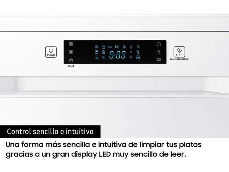 Lavavajillas - Samsung DW60M6050FW/EC, 14 cubiertos, 7 programas, 60 cm, Maxi Display, Blanco