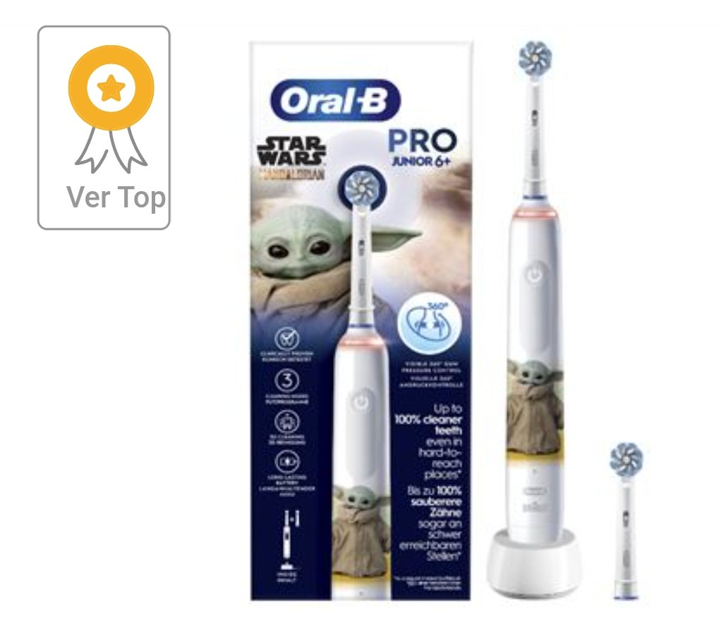 Cepillo eléctrico recargable Oral-B Pro 3 Junior Star Wars viene en un conjunto que incluye dos cabezales de repuesto EB60X.