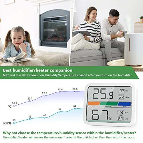 Termómetro Higrometro Digital para Interior Medidor de Temperatura y Humedad con Registro Máximo y Mínimo (Batería Incluida)