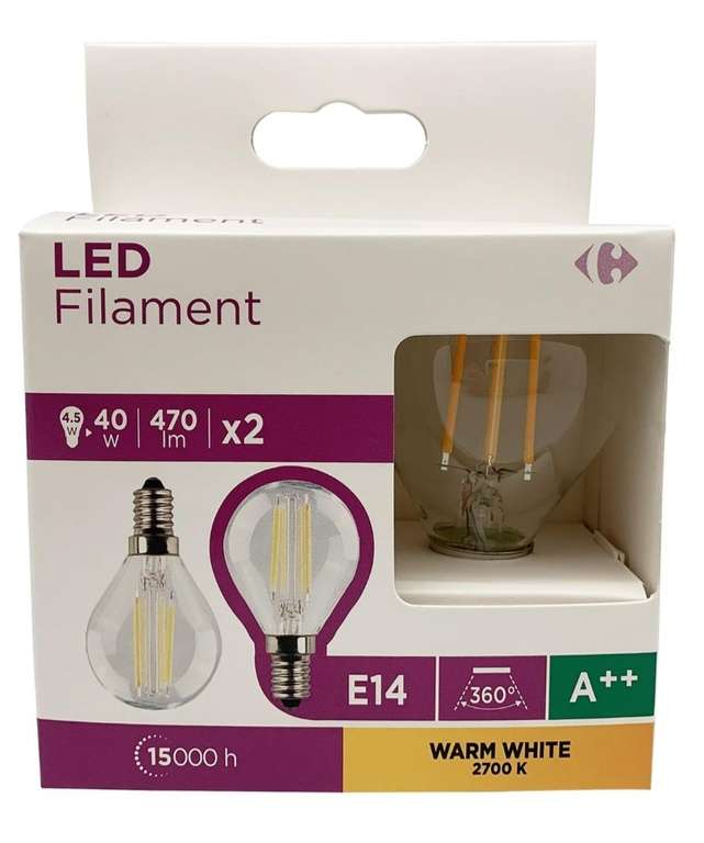 Pack de 2 bombillas led con filamento esférica clara 4,5W(=40W) E14 470lm 2700K [exclusivo online]