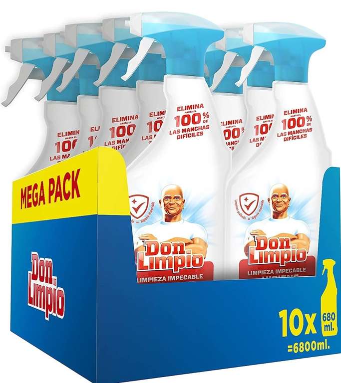 Don Limpio Limpieza Impecable, Detergente en Spray, Elimina Hasta el 100% de las Manchas Difíciles, Aroma Eucalipto, 10 x 680 Ml , 6.8 L