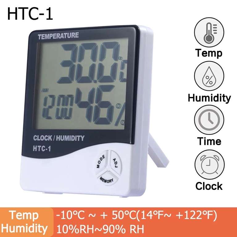 Medidor LCD Digital de Temperatura y Humedad, Termómetro, Higrómetro, Interior, Exterior, Estación Meteorológica,Reloj, HTC-1,HTC-2