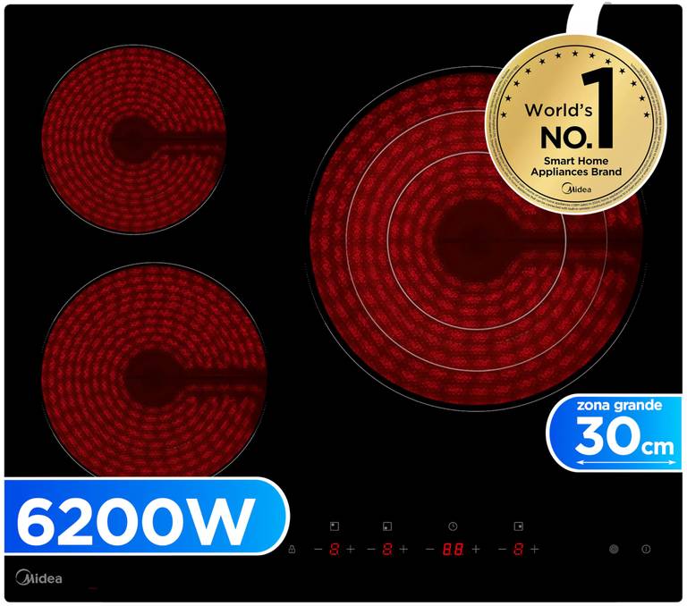 MIDEA Placa Vitroceramica 3 fuegos 6200 W – Vitroceramica Panel tactil, Indicador de Luz, Temporizador, Protección por Sobrecalentamiento