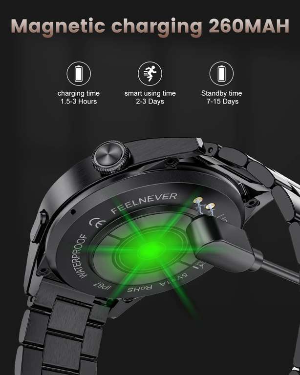 Smartwatch FOXBOX de acero inoxidable, Llamadas, Fitness Trackers con Monitor de Ritmo Cardíaco del Sueño, IP67 Impermeable, iOS y Android.