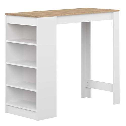 Mesa Bar con almacenamiento, blanco/beige (Roble), 115 x 50 x 102.7 cm ideal para cocina-comedor, bar