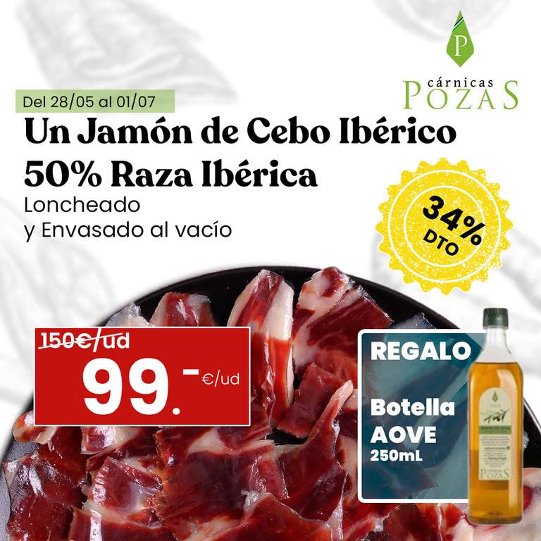Jamón de Cebo Ibérico 50% Raza Ibérica - Loncheado y envasado al vacío + AOVE 250ml