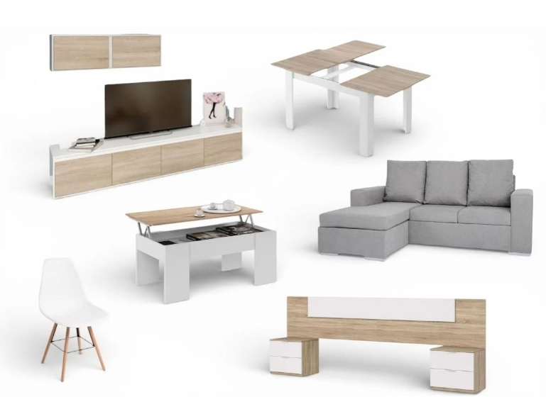 Muebles para Piso completo; Mueble de salón + Mesa salón y centro + 4 Sillas + Cabecero y mesitas + Chaiselongue