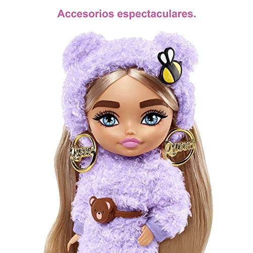 Barbie Extra Mini Muñeca pequeña articulada Rubia con coletas y Sudadera Morada y Accesorios