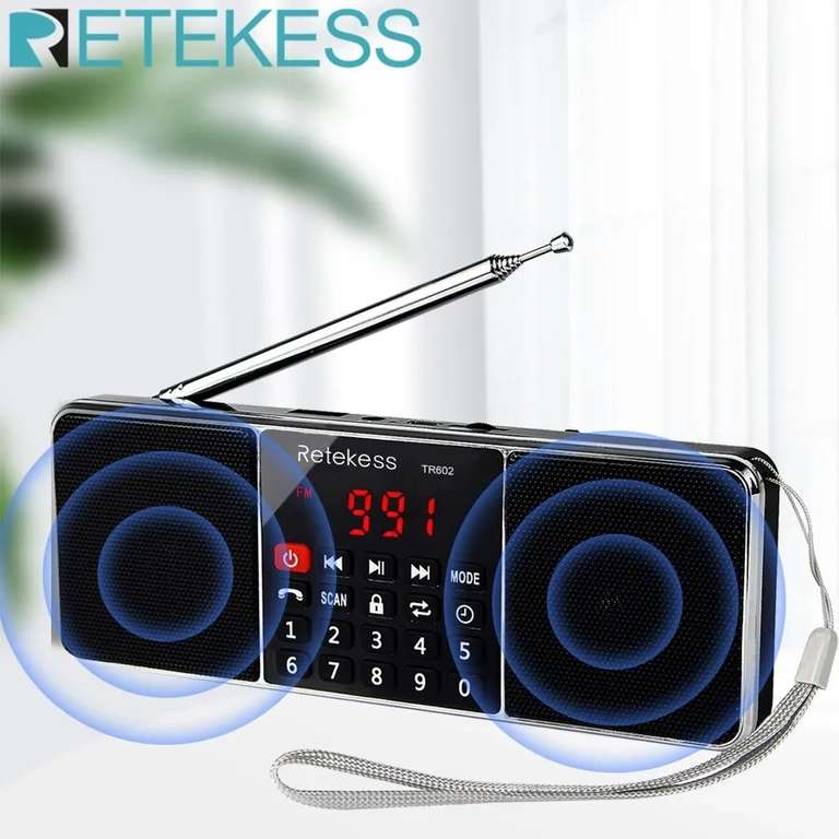 RETEKESS TR602 Radio portátil digital AM FM Bluetooth Altavoz Estéreo Reproductor de MP3 TF Tarjeta SD Unidad USB Manos libres Llamada LED