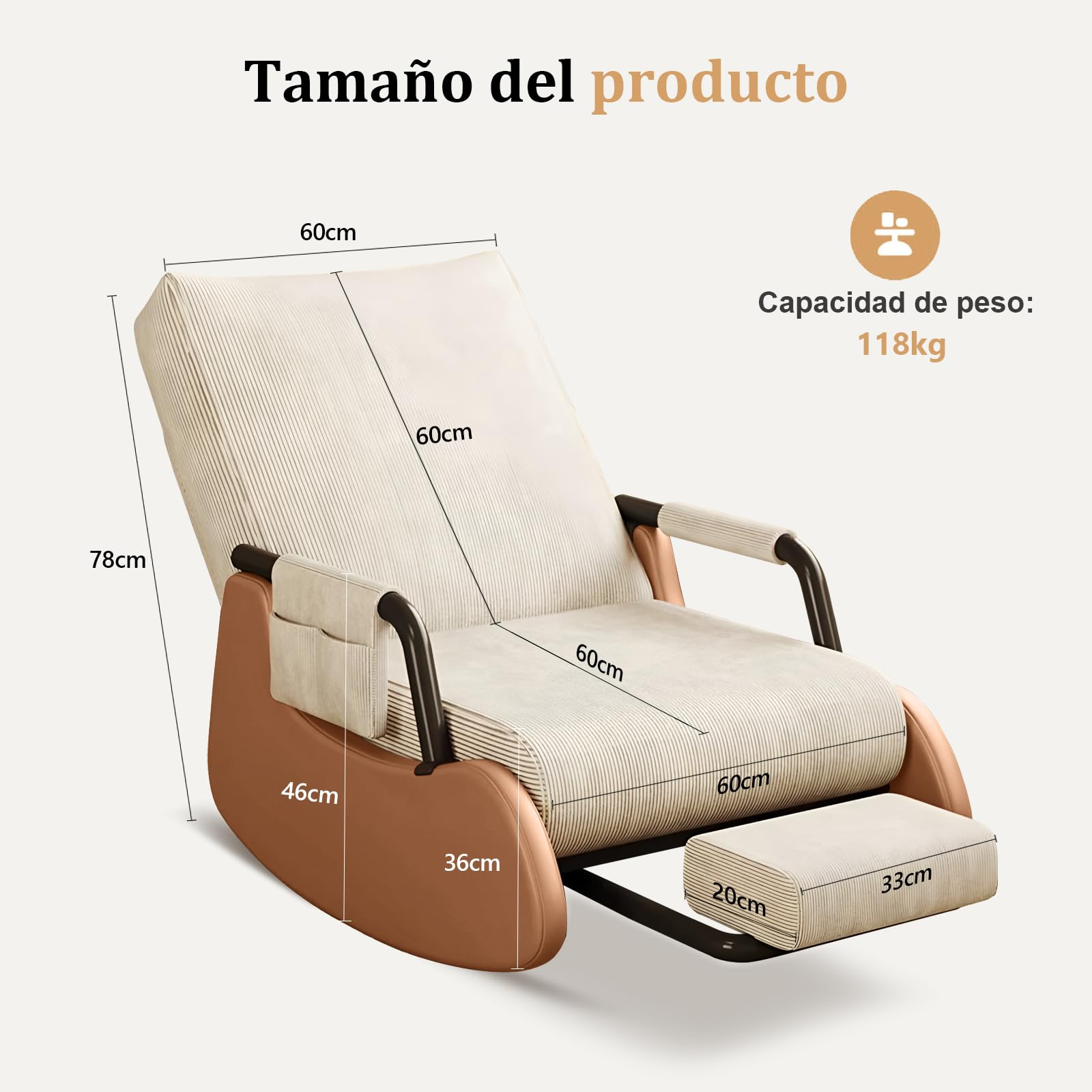 Silla Mecedora Acolchada con Bolsillos Laterales y Respaldo Alto Ajustable - Con Reposapiés - 3 colores