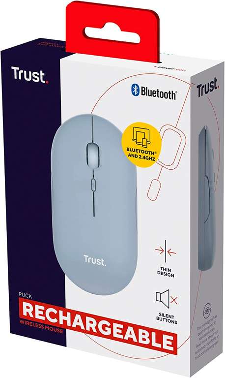 Trust Puck - Ratón Inalámbrico Recargable (Bluetooth o 2.4 GHz con Microreceptor USB, DPI 800/1200/1600, Botones Silenciosos)