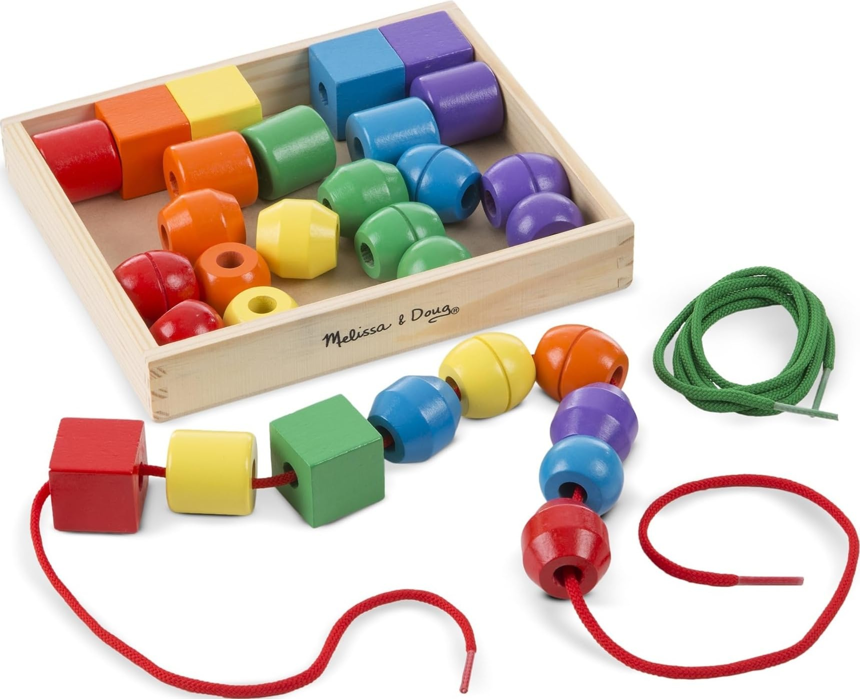Melissa & Doug - Juego de Cuentas Primarias para Atar, Juego de Enhebrar/ensartar Cuentas de Madera de Colores con Hilo