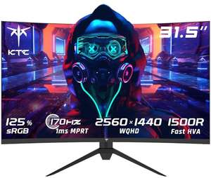KTC Monitor Gaming Curvo 32 Pulgadas, 170Hz, 165Hz, 2K QHD 2560 x 1440 píxeles, 1ms, HVA 1500R Sin Marco, HDR10, FreeSync & G-Sync,