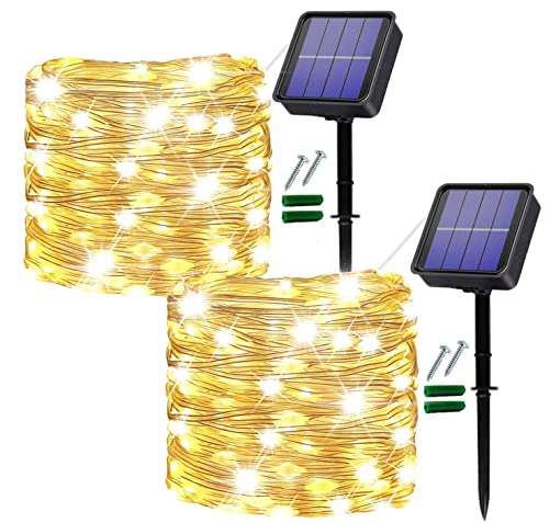 2 x Guirnaldas Luces Exterior Solar, 100LED, 10 Metros c/u, 8 Modos de iluminación, blanco cálido