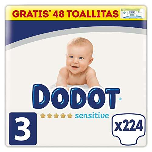 Dodot Bebé Sensitive Talla 3 (224 Pañales) + 1 Pack de 48 Toallitas Gratis
