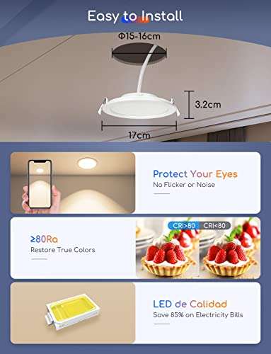 Downlight LED Empotrable Inteligente Ultrafino, 12W, CCT. Regulable de 3000-6500K, 820lm, WiFi