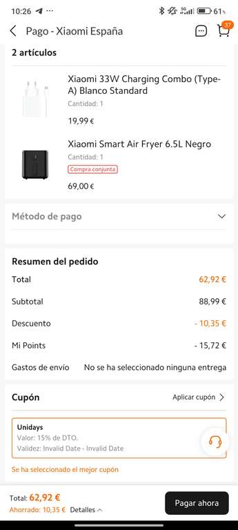 Xiaomi Air Fryer 6.5L + Cargador 33w. ESTUDIANTES. (Con mi points 62€)