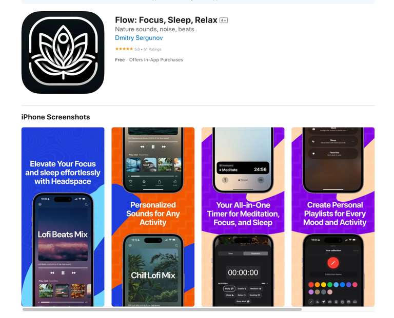 iOS App: Flow: Focus, Sleep, Relax (Acceso al plan Premium de por vida)