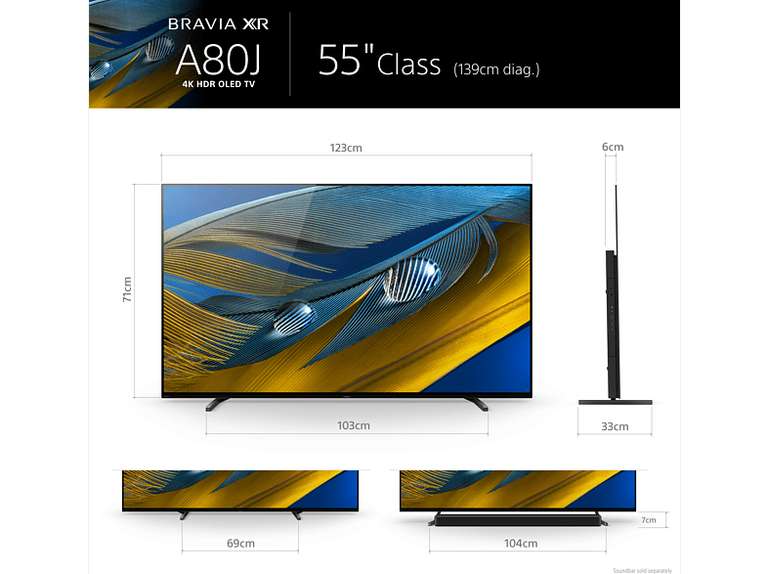TV OLED 55" - Sony 55A80J, Bravia XR OLED, 4K HDR 120 Hz, Google TV (Smart TV), Dolby Atmos-Vision, IA, Negro - También en Amazon