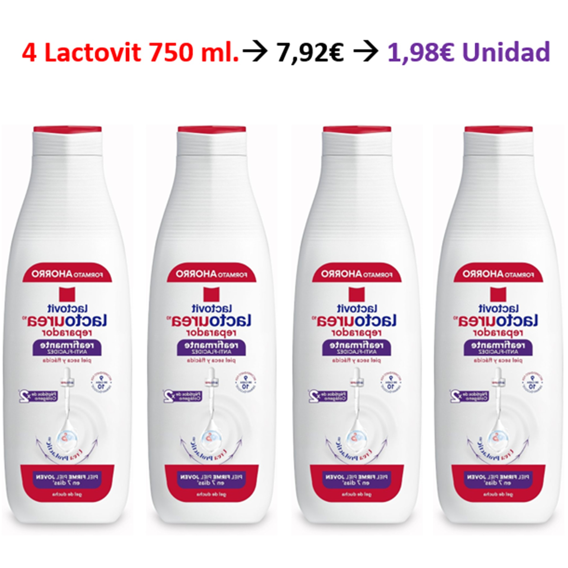 Lactovit - Gel de Ducha Reafirmante Lactourea Colágeno Piel Seca - 4 x 750 ml. | Unidad a 1,98€