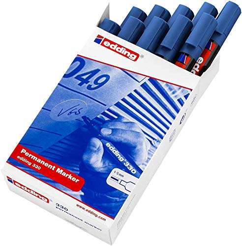 Rotulador edding pack de 10 marcadores permanentes 330 azul punta biselada 1-5 mm recargable