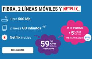 Fibra 500MB + 2 líneas GB Infinitos + Netflix Básico