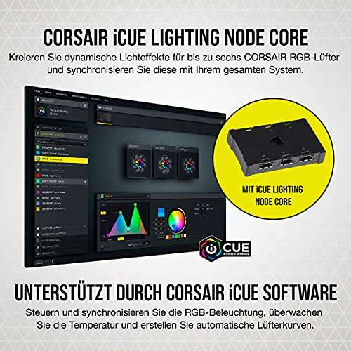 3 X Corsair iCUE SP120 RGB ELITE 120mm PWM; Set de tres ventiladores con iCUE Lighting Node CORE, Tecnología CORSAIR AirGuide, LED RGB