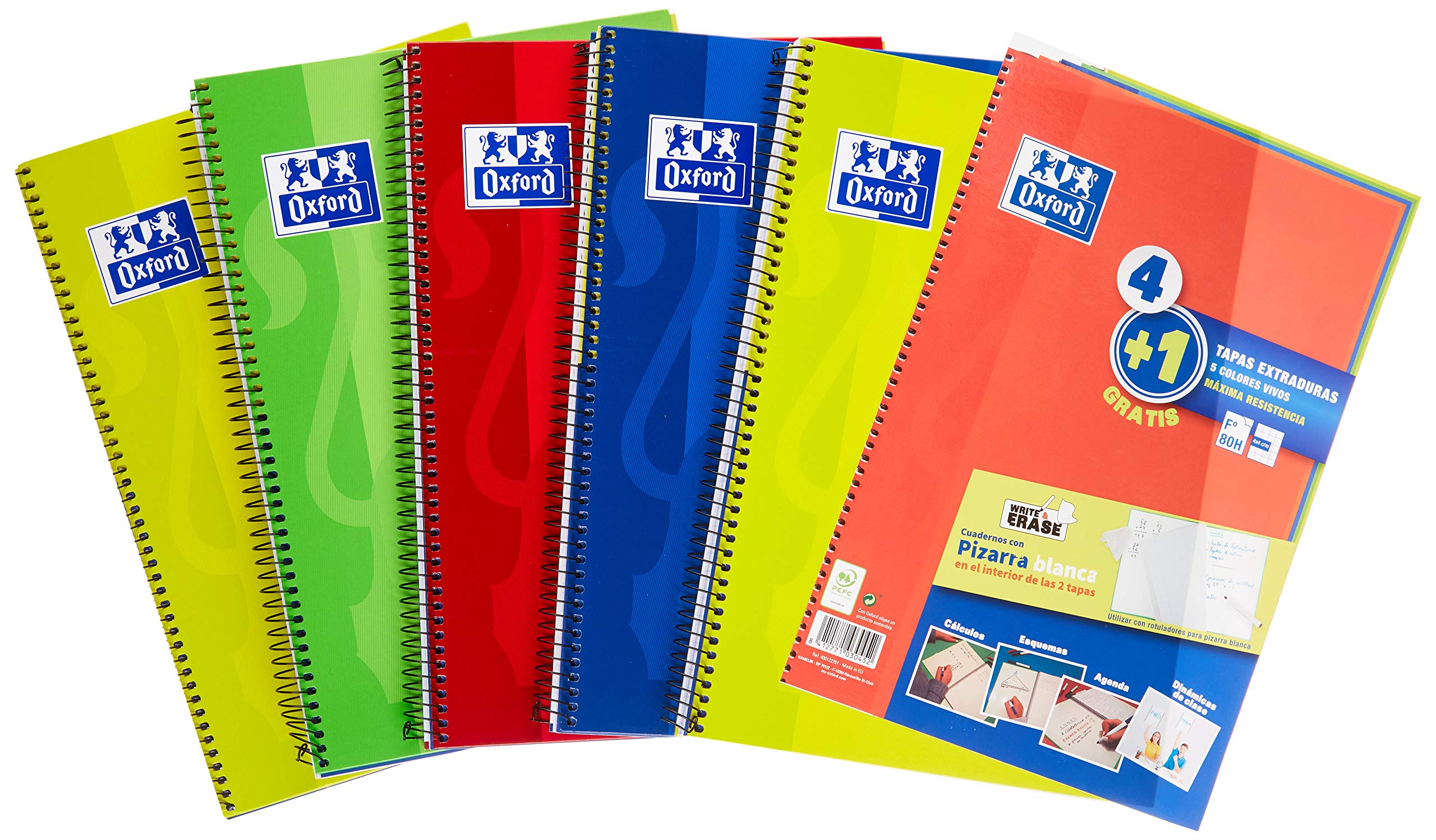 PACK de 5 Oxford Cuadernos A4,Tapa Extradura, Pizarra Write&Erase, 80 Hojas, Cuadrícula 4x4