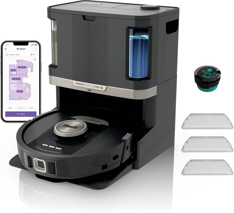 Shark PowerDetect Robot Aspirador y mopa 2 en 1, Base NeverTouch Pro con Limpieza, Carga y Vaciado automático