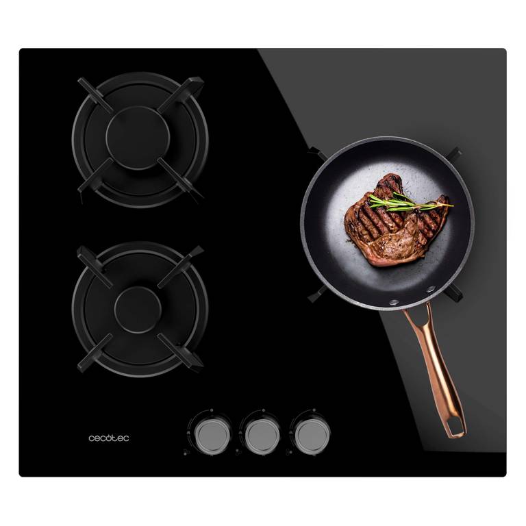Cecotec Placa de Gas 3 Fuegos Bolero Squad Glass Black. 6,25kW, Cristal Negro, Parrillas Individuales de Hierro Fundido