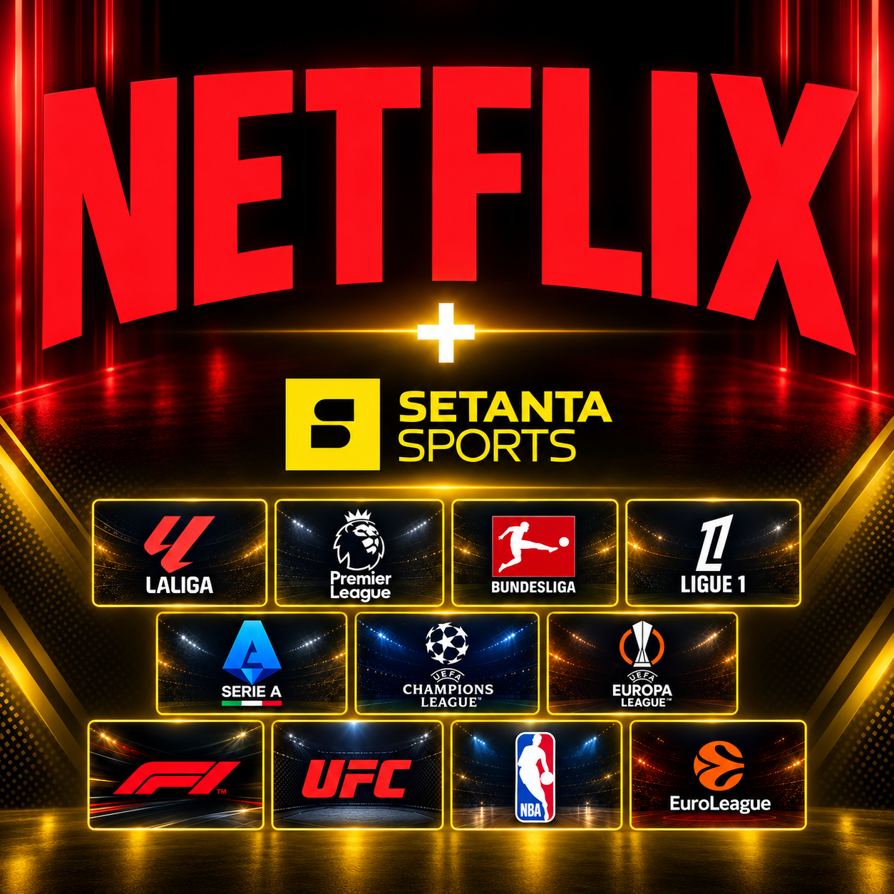 Netflix Premium (4K 9€/mes, Standard 7€/mes, HD 4€/mes) + Setanta Sports / Vía UAH Setanta Sports / La Liga, Premier, Bundesliga, F1, UFC