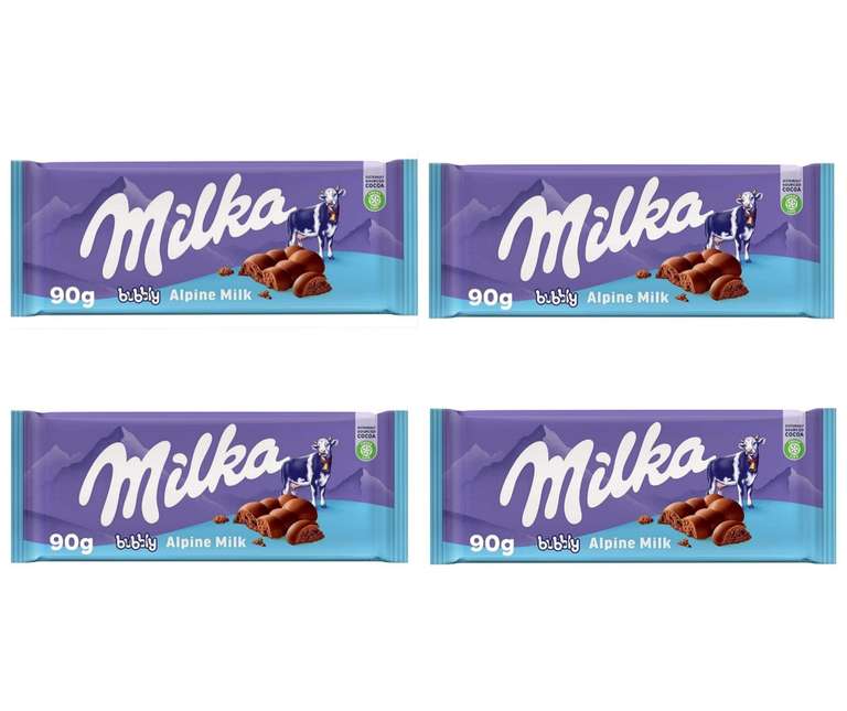 4 x Milka Bubbly Tableta de Chocolate con Leche de los Alpes Aireado con Burbujas 90g [Unidad 0'87€]