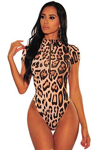 Body de piel de leopardo, cuello en V profundo, manga corta.