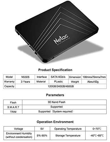Netac Unidad de Estado Sólido 480GB, Disco Duro Estado Sólido Interna, 3D NAND Flash SLC, 2.5'' SATAIII 6Gb/s, hasta 530MB/s, para Portátil