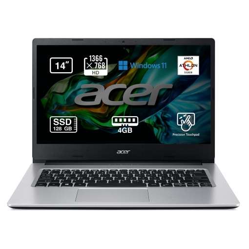 Portátil Acer Aspire A314-22, AMD Athlon Silver 3050U, 4GB, 128GB SSD, WXGA, 14" - 35,56 cm, W11 - Plata