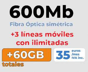 Fibra 600 + 3 Líneas + 60 GB a repartir + Línea Fija por 35 euros. Instalación gratuita