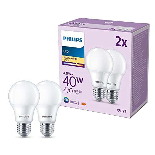 2 bombillas Philips LED, Casquillo E27, 4.3w, Blanco Cálido 2700kelvins, 470lumens